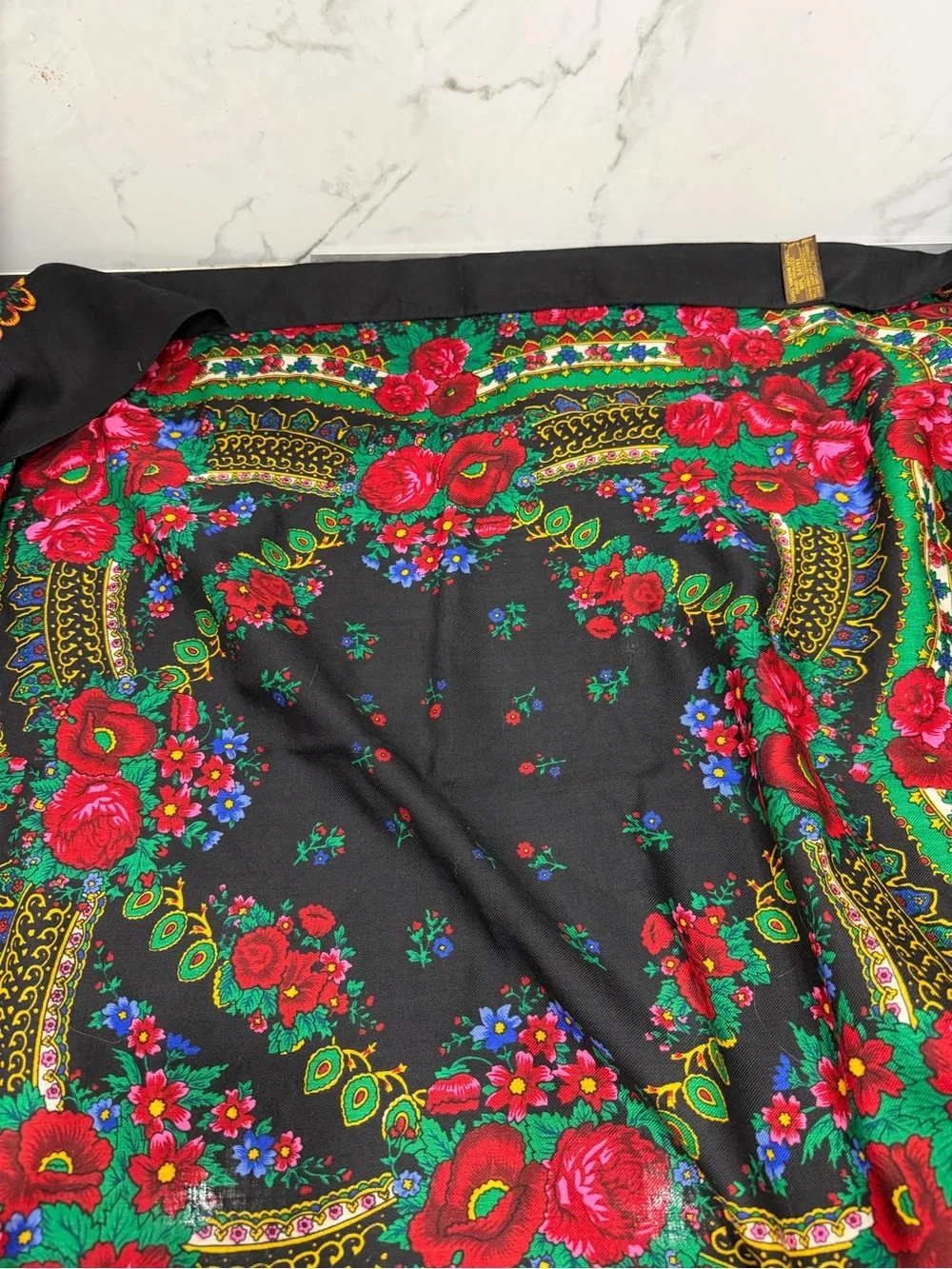 Japanese wool vintage Vibrant Floral Black Scarf with Red & Green Accents